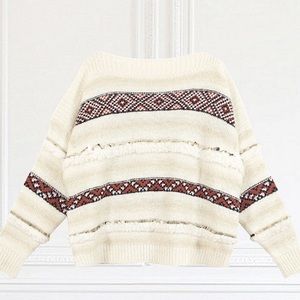 Cream Patterned Fringe Knit Sweater
